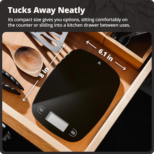 Greater Goods Food Scale – Digital Kitchen Scale, 1g Precision, Easy-Tare & Quick Conversion, Slim Compact Design, Durable & Portable | Ideal for Cooking, Baking & Meal Prep (Glass, Black)
