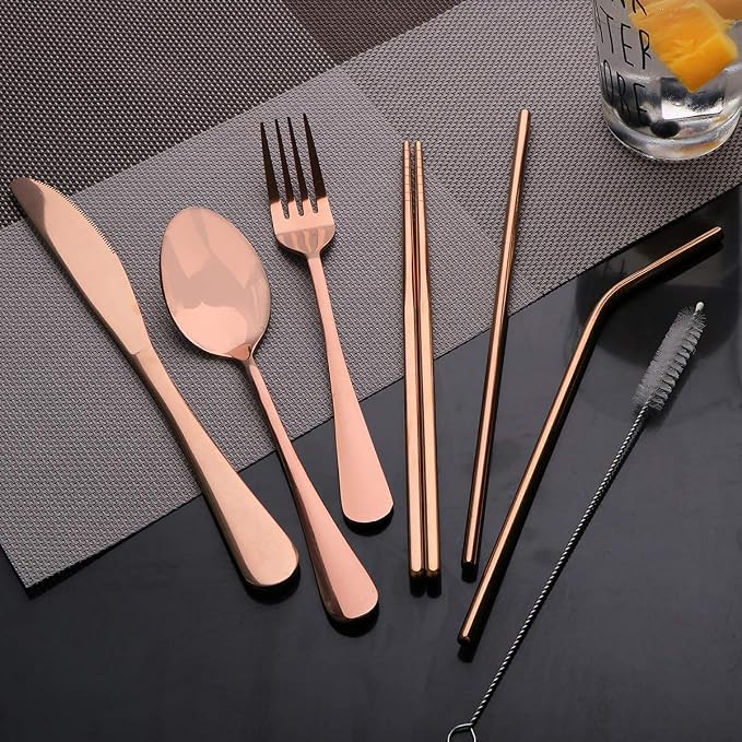 Travel Utensils Set with Case Reusable Portable Cutlery Set Stainless Steel 8pcs Including Dinner Knife Fork Spoon Chopsticks straws(Rose Gold)