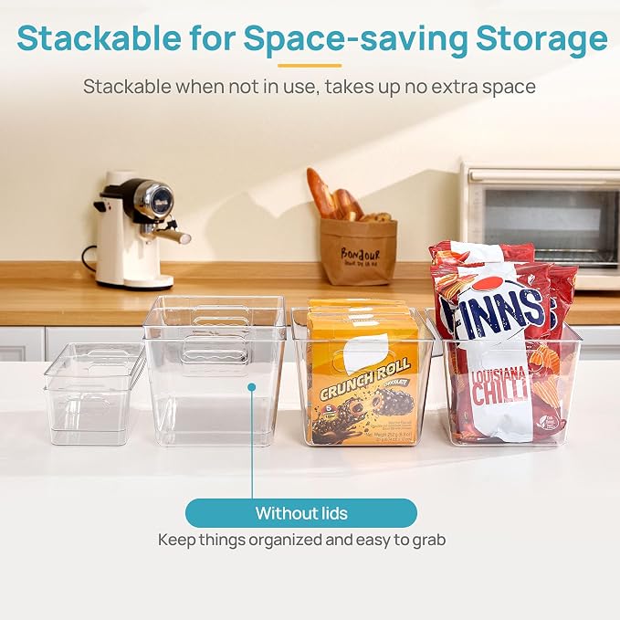 Vtopmart 8 Pack Clear Storage Bins Set for Pantry Organizer | 4 Large and 4 Small Plastic Pantry Storage Bins with Handle, Storage Containers for Pantry, Kitchen, Fridge, Cabinet