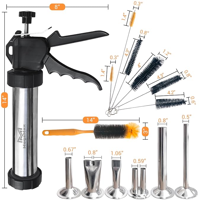 MogaMax Large Capacity Jerky Gun Kit Stainless Steel Shooter & Cannon, Beef & Deer Meat Maker with 6 Nozzles, 7 Cleaning Brushes & Meat Pusher Sausage Maker for Home, BBQ & Gifts for Men & Women