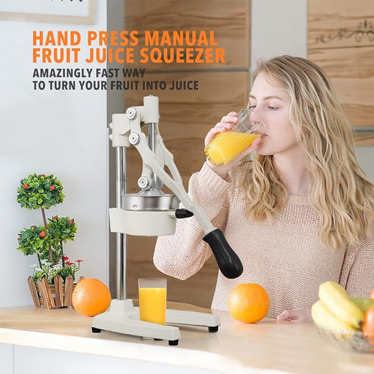 19 Inch Height Extra Tall Commercial Heavy Duty Cast Iron Hand Press Manual Orange Citrus Lemon Lime Grapefruit Pomegranate Fruit Juice Squeezer Machine with Stainless Steel Cup White