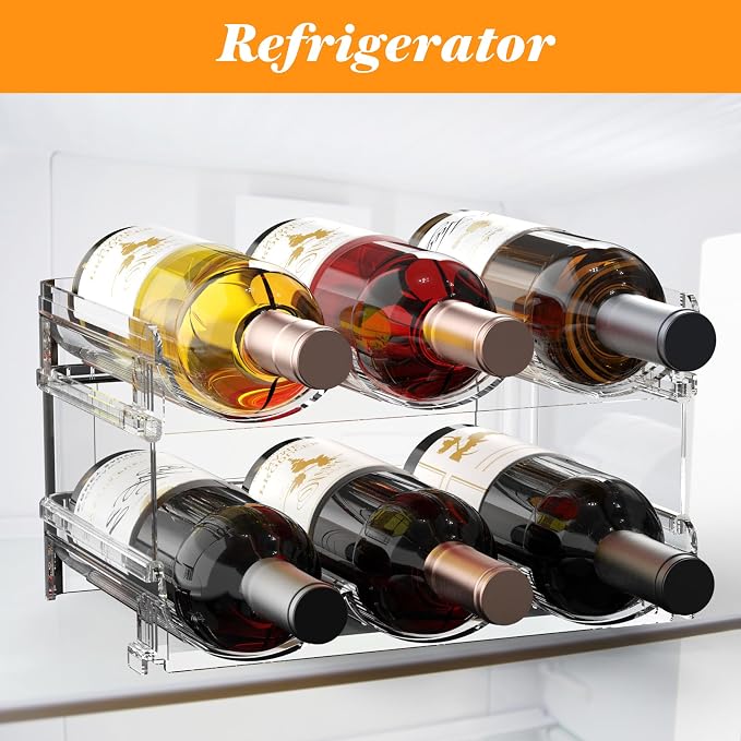 Plastic Stackable Wine Rack for Refrigerator, 2 Tier Large Capacity Water Bottle Organizer for Cabinet, Free-Standing Water Bottle Storage Rack for Fridge, Countertop, Pantry, Freezer, Hold 6 Bottles