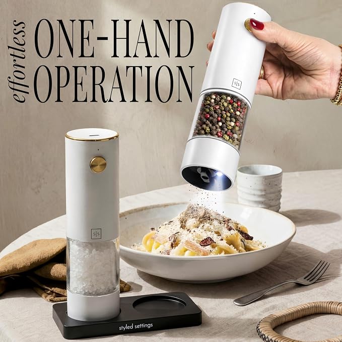 White Electric Salt and Pepper Grinder Set – Automatic Salt and Pepper Grinder Set with USB Rechargeable Design, One Touch Control, Adjustable Coarseness, LED Light, Sleek Stainless Steel Body
