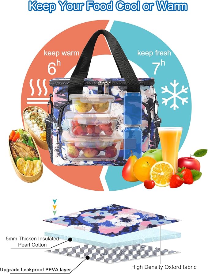 Lunch Bags for Women/Men, Insulated Lunch Bag for Work Office - Lunch Cooler Bag Leakproof Lunch Box with Adjustable Shoulder Strap - Ink foral