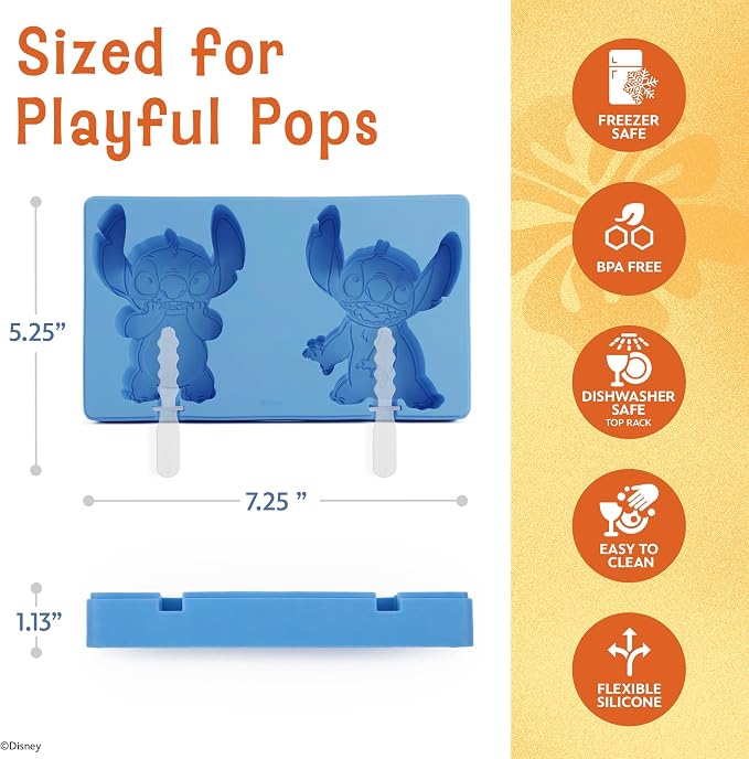 Disney Silicone Popsicle Molds with Lid – Compact BPA-Free Popsicle Maker Featuring Stitch, Flexible Ice Pop & Ice Cream Molds with Sticks, Dishwasher Safe, 2 Mold Set for Homemade Frozen Treats