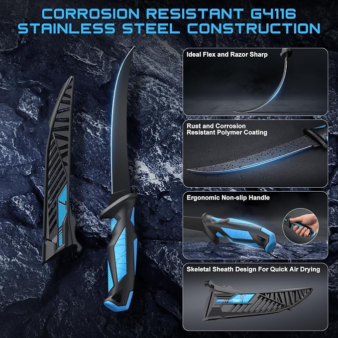 Fillet Knife Kit Combo,Fishing Gear and Gifts for Men | Fishing Knives with Sheath,and Honing Rod,Ultra-Sharp G4116 Blades,Corrosion-Resistant,Non-Slip Handle,Durable Storage Bag