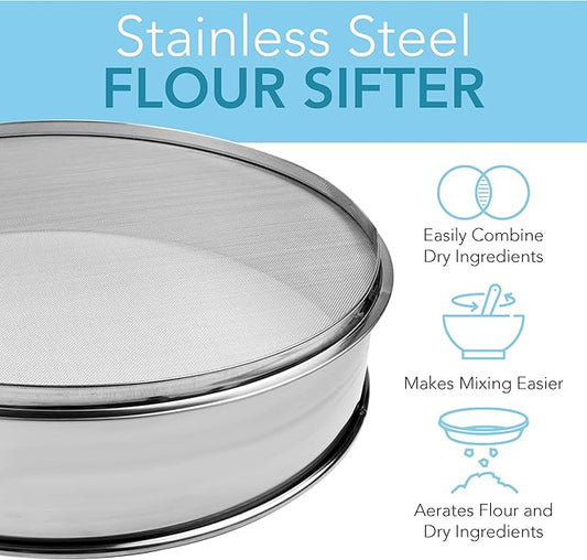 Stainless Steel Flour Sifter Fine Mesh Round Flour Sieve for Baking 14" Diameter x 2.88" High; 50 Mesh (Hole Size 0.3mm)