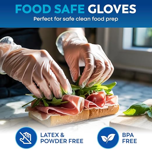 Keppi 110 Pack Clear Vinyl Gloves – Disposable Latex - BPA & Powder-Free – Food Safe Plastic Gloves for Cooking Cleaning Food Prep Catering BBQ Baking & Restaurant Use - (Large)