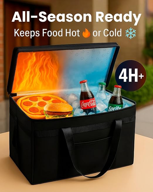 Bodaon Insulated Food Delivery Bag with Hard Baseboard, XXXL, Black, 1 Pack | Heavy-Duty, Waterproof Lining, Cold/Hot Warmer for Delivery, Reusable Grocery Carrier for Pizza, Drinks, Camping, Commercial
