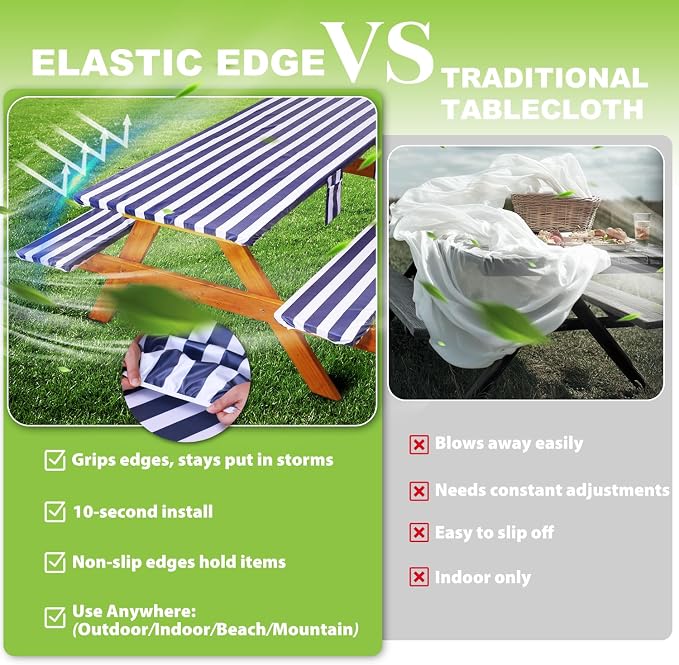 Fitted Picnic Table Cover with Bench Covers Waterproof Elastic Edges Rectangle Patio Tablecloth Outdoor Camping Essentials Stuff Rv Accessories Summer Trip Travel Supplies Party Camper Gifts, 6 ft