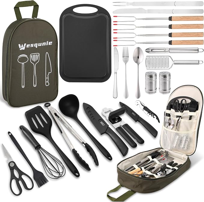 Wesqunie Camping Cookware Cooking Utensils Set - 25Pcs Camp Kitchen Essentials Kit, Portable Outdoor Camper Gear Accessories, Overland Equipment for RV Picnic Grill | Portable Camping Essentials, Stainless Steel Cookware Kit, Compact Storage for Camper...
