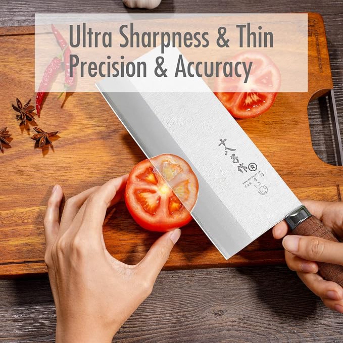 SHI BA ZI ZUO 8-inch Professional Cleaver - Stainless Steel Meat & Vegetable Knife with Non-stick Finish and Anti-slip Wooden Handle