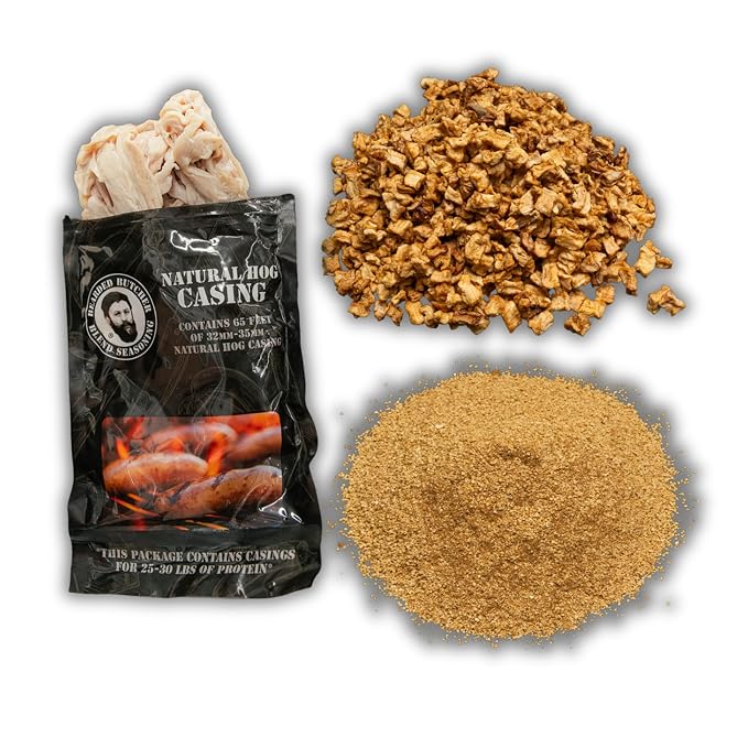 Bearded Butchers Apple Cinnamon Bratwurst DIY Kit – Sweet & Savory Brats – Includes Apple Cinnamon Seasoning, Dried Apples & 32mm-35mm Natural Hog Casings – Makes Up to 25 lbs Meat
