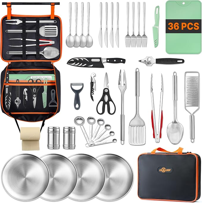 Gaialoop Portable Camping Cooking Utensils Set, Camp Kitchen Set with Organizer Bag, RV Essentials Outdoor Cooking Utensil Kit for Travel, Picnics, Camping, BBQs, Parties