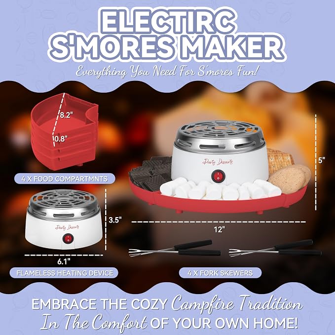 Party Desserts Electric Smores Maker Tabletop Indoor Kit, Indoor Marshmallow Roaster, Smores Station with 4 Compartment Trays & 4 Forks, Great Gift for Adults and Kids in Holidays and Parties (Red)