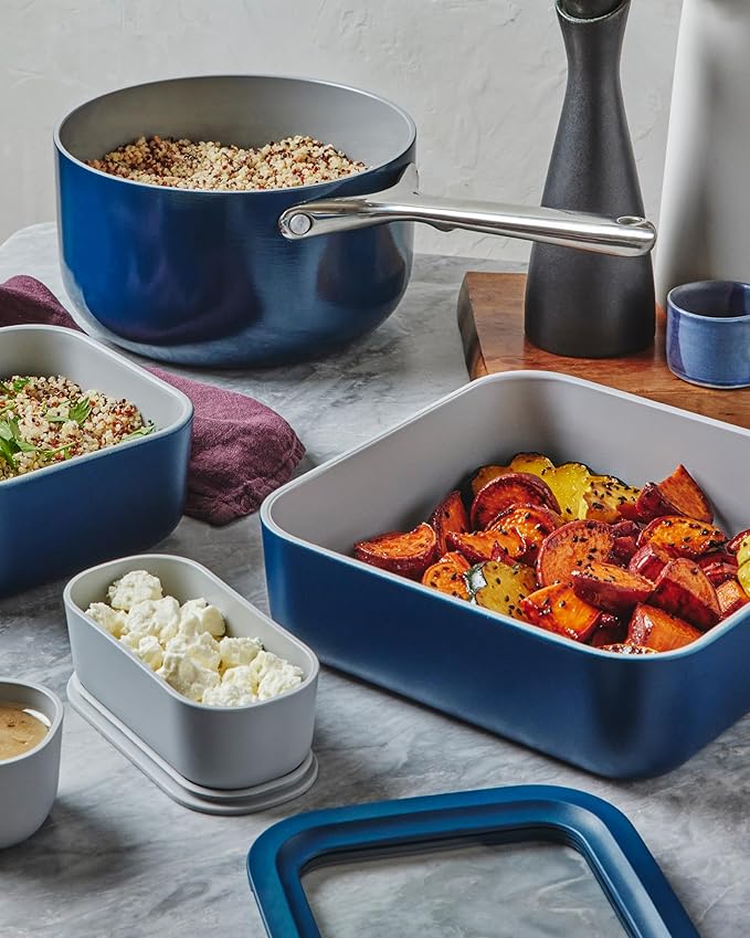 Caraway 6pc Glass Food Storage Set – 10 Cup Food Containers (6) - Ceramic Coated - Non Toxic, Non Stick with Lids - Microwave Safe - Perracotta