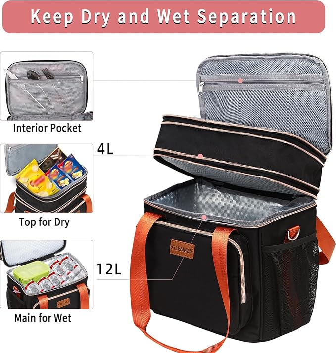 GLENKEY Expandable Lunch Box Cooler Bag - Insulated Soft Lunch Bag for Men Women - Large Lunchbox for Adults Work Camping Outdoor Travel Black Brown 16L