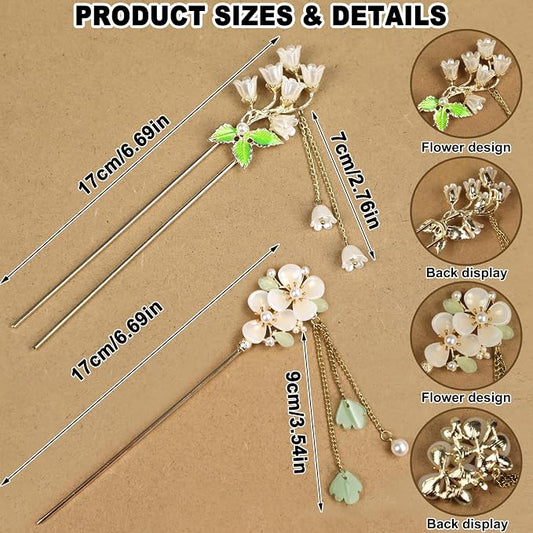 2Packs Lily of the Valley Chinese Hair Sticks for Buns, Pearl Flower Vintage Metal Hair Chopsticks for Women and Girls Dangle Tassel Pendant Accessories Hanfu Handmade Decor Hairpin (green)
