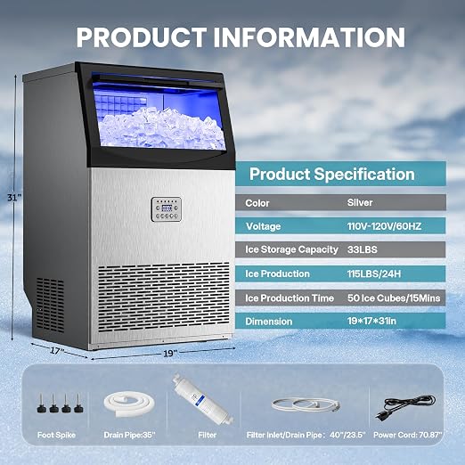 Manastin Commercial Ice Maker, 115lbs/24H Large Ice Machine, 33lbs Storage Capacity, 50 Ice Cubes/15 Mins, Under Counter Ice Maker with Water Filter, Self-Cleaning, Timer, for Home & Bar