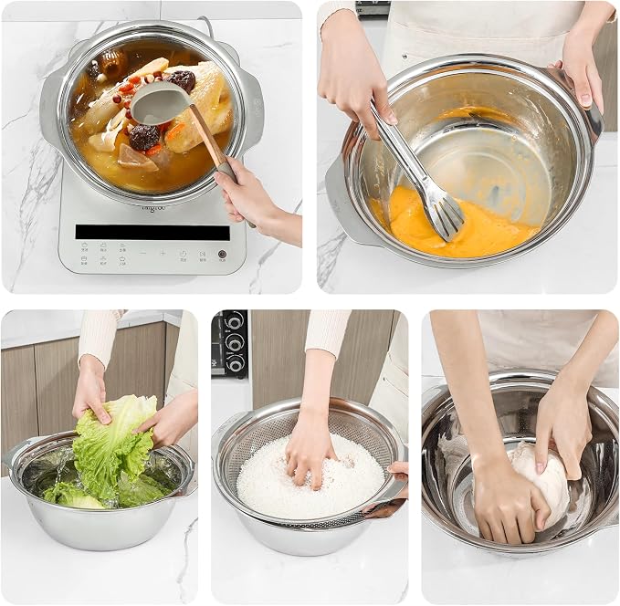 Paoli 304 Stainless Steel Fine Mesh Colander Set, 2QT Large Capacity Strainer with Mixing Bowl — Rinse Fruits, Veggies, Rice & Drain Pasta, Dishwasher Safe (2-Piece Gold)