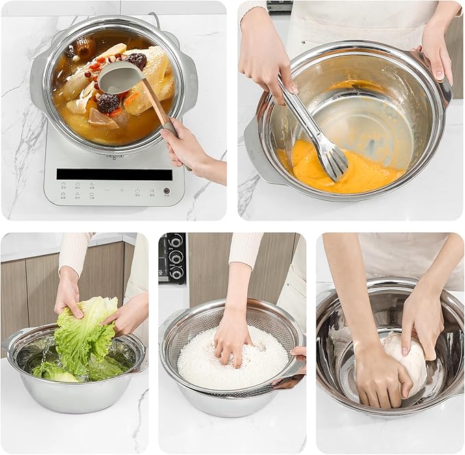 Paoli 304 Stainless Steel Fine Mesh Colander Set, 5QT Large Capacity Strainer with Mixing Bowl — Rinse Fruits, Veggies, Rice & Drain Pasta, Dishwasher Safe (2-Piece Gold)