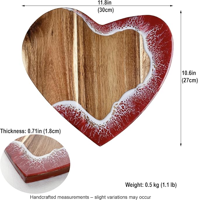 Heart Serving Board - Acacia Wood with Epoxy (11.8" x 10.6"), Adorable Charcuterie Cheese Tray, Kitchen Gift Idea, Cute Cutting Board for Women, Valentine Gift, Housewarming Present