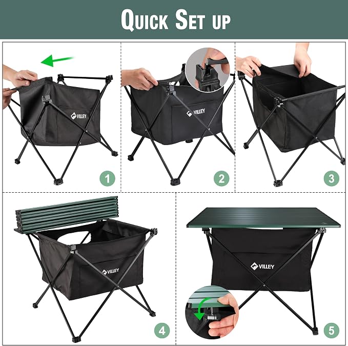 VILLEY Portable Camping Side Table, Ultralight Aluminum Folding Beach Table | Lightweight & Portable, Under-Table Storage Hammock, Carry Bag for Camping, Beach, Picnic, Boat & Travel