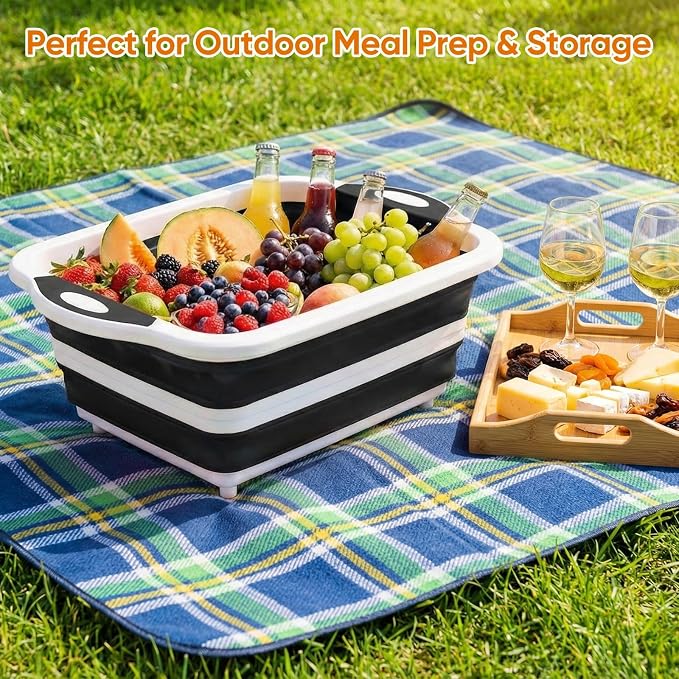 Collapsible BBQ Prep Tub with Lid, Foldable Camping Sink with Colander, Cutting Board, Dish Basin for Kitchen, Bowl, Vegetable and Fruit, Storage Basket for Picnic-Black