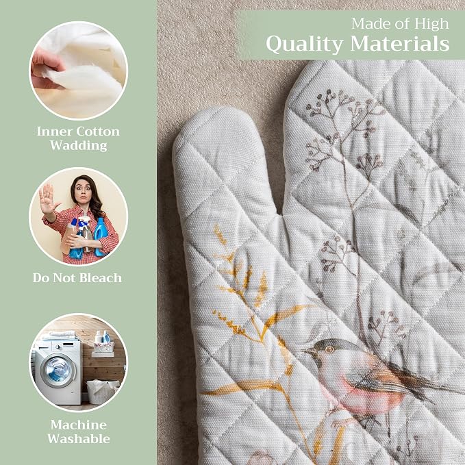 Maison d'Hermine Oven Gloves 100% Cotton Oven Mitt (7" x 13", Pack of 1) | With Loop Heat Resistant BBQ Cooking Gloves Baking Grilling Kitchen Handling Hot Pans Spring Summer - Meadow Florals - Beige
