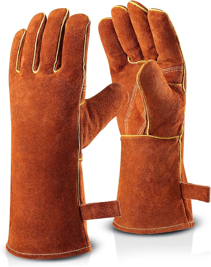 OZERO 932°F Heat Resistant Gloves: Welding Gloves Men Women, Brown, 14-Inch | 1.2 mm Split Cowhide, Reinforced Palm, Long Cuff, for MIG TIG Stick Forge BBQ Grill Fireplace Fire Pit Wood Stove Oven
