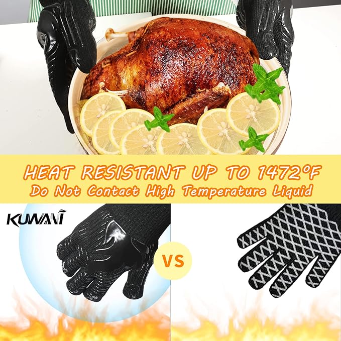 BBQ Gloves, 1472°F Heat Resistant Gloves Fireproof Mitts, Grilling Gloves Silicone Non-Slip Washable Oven Glove, Kitchen Glove for Barbecue, Grilling, Cooking, Baking, Camping, Smoker (Black)