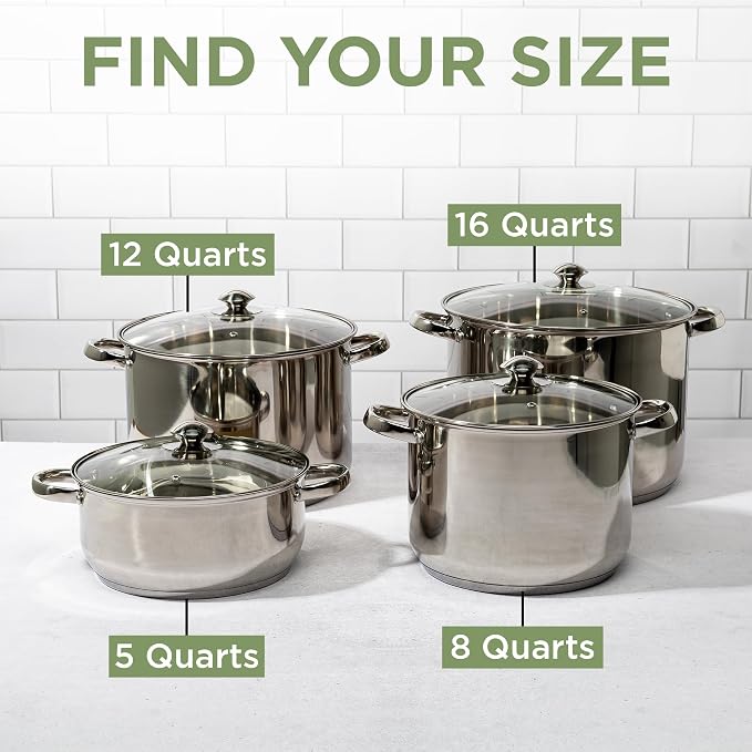Ecolution Stainless Steel Stock Pot, Encapsulated Induction Ready Cooking Pot with Glass Lid, Oven Safe, Dishwasher Safe Soup Pot, 8-Quart