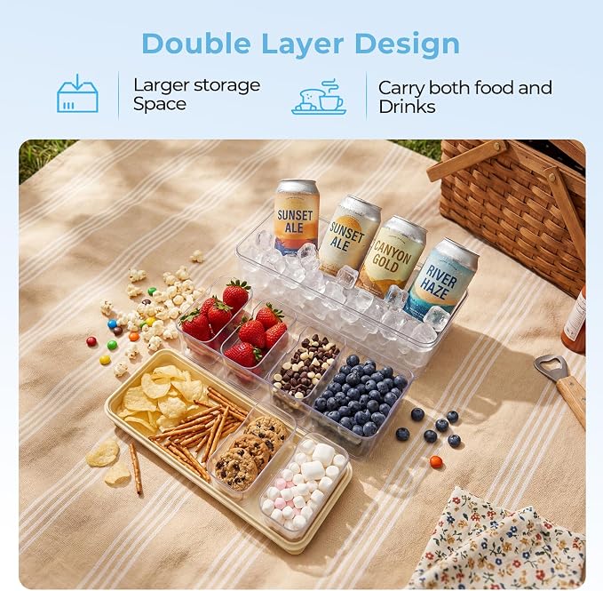 Homelove Snackle Box Container with 2 Plastic Ice Packs, Snack Organizer Divided Serving Tray with Lid and Handle, Double-layer Tray and 5-Compartment Snack Platter for Travel Party Beach Picnic