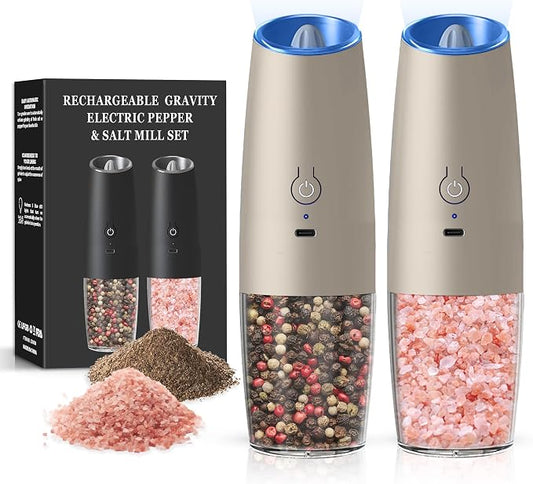 Rechargeable Salt And Pepper Grinder Set with LED Light, Automatic Electric Gravity Salt And Pepper Shakers Set, No Battery Needed, Adjustable Roughness, 2 Pack (Khaki)