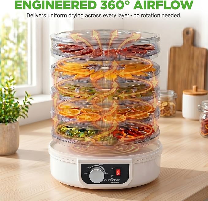NutriChef Electric Countertop Food Dehydrator - Multi-Tier High-Heat Circulation Professional Food Preserver, Fruit, Vegetable Dryer, Meat or Beef Jerky Maker w/ 5 Stackable Trays - AZPKFD12