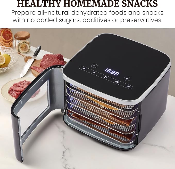 Elite Gourmet 5-Tray Digital Food Dehydrator with Stainless Steel | Adjustable Temp & Timer, Keep Warm, Light, Black, EFD809D
