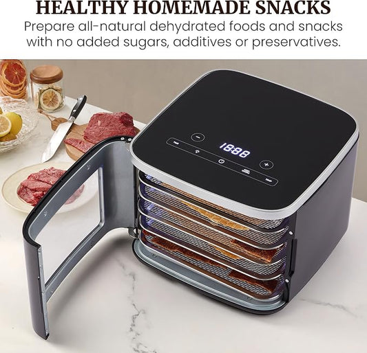 Elite Gourmet 5-Tray Digital Food Dehydrator with Stainless Steel | Adjustable Temp & Timer, Keep Warm, Light, Black, EFD809D