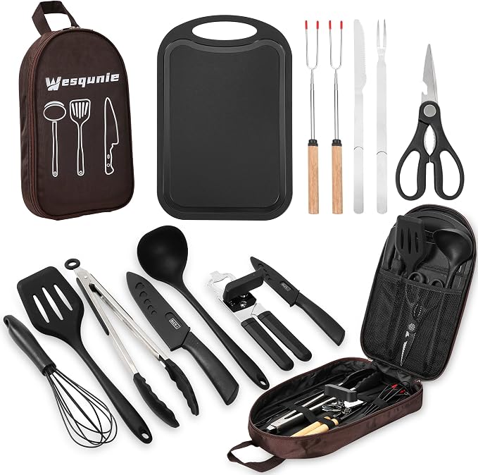 Camping Essentials Cookware Cooking Utensils Set - Portable Camp Kitchen Mess Kit Outdoor Accessories, Stainless Steel & Silicone, Camping Gear Equipment for RV Picnic Grill, Brown | Stainless Steel & Silicone Mess Kit, Durable Outdoor Kitchen Gear for...