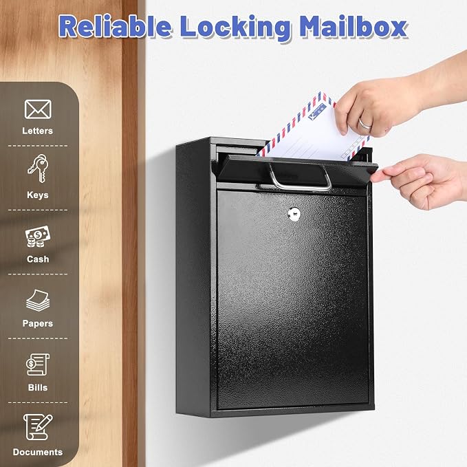 KYODOLED Steel Key Lock Mail Boxes Outdoor, Locking Wall Mount Mailbox, Security Lock Drop Box, Collection Boxes for Home, Office or Commercial,16.2H x 11.2L x 4.6W Inches, Black X Large