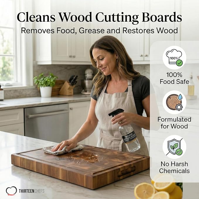 Thirteen Chefs Wood Cutting Board Cleaner - Food Safe Spray for Butcher Blocks and Countertops, Spray Soap for Wooden Surfaces (16oz)