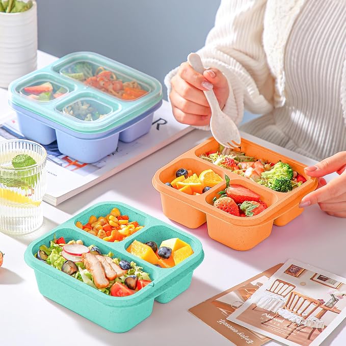 TOUWMX Bento Box For Kids, 4 Pack 3 Compartments Lunchable Meal Prep Containers Lunch Containers, Reusable Snack Containers with Lids, Snack Boxes for School, Work, and Travel