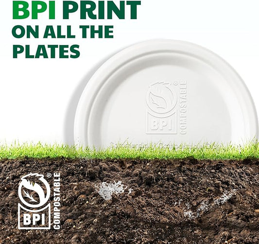 100% Compostable Paper Plates, 7 Inch, 125 Count, Heavy Duty Disposable Plates by Biodegradable Bagasse, Dessert Plates Bulk for Party | Microwave-Safe | Soak-Resistant, Cut Resistant