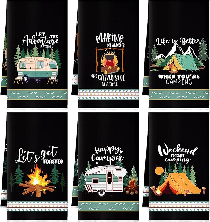 Boyiee 6 Pcs Camping Kitchen Towels Black Absorbent Dishcloth | Bonfire Tent Car Tea Towels with Funny Sayings 24 x 16 Inches Novelty Gifts for Rv Campers Happy Camper Accessories