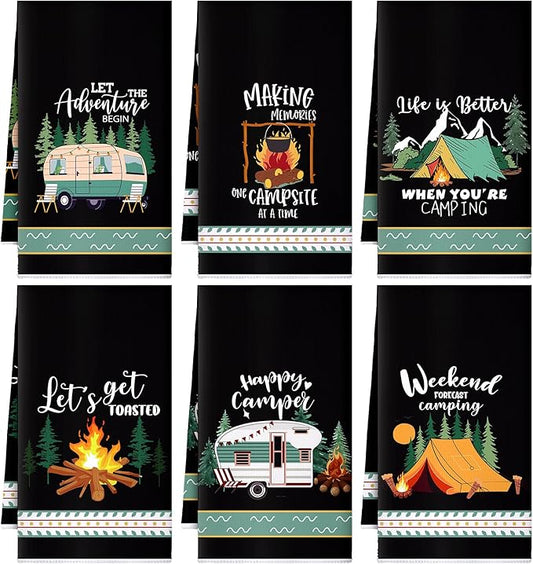 Boyiee 6 Pcs Camping Kitchen Towels Black Absorbent Dishcloth | Bonfire Tent Car Tea Towels with Funny Sayings 24 x 16 Inches Novelty Gifts for Rv Campers Happy Camper Accessories