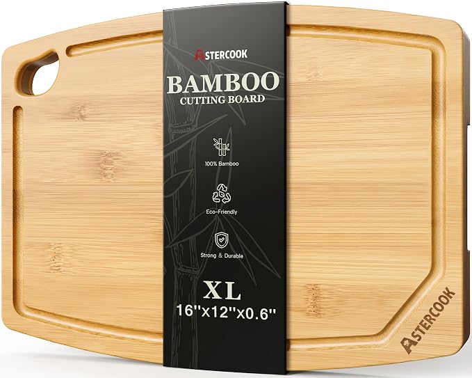 Astercook Large Bamboo Cutting Board, Natural Bamboo Chopping Board with Juice Groove and Easy-Grip Handle, Wooden Kitchen Board for Meat, Vegetables, Bread, Fruit and Charcuterie