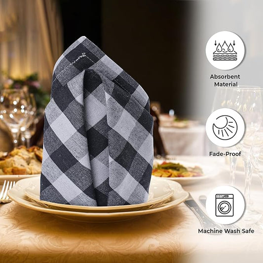 Urban Villa Cotton Dinner Napkins Set of 12, Highly Absorbent Soft Premium Cloth Napkins 20x20 Inches, Hotel Quality Reusable & Washable Table Dinner Napkins for Home - (Grey/Black, Buffalo Checkerd)