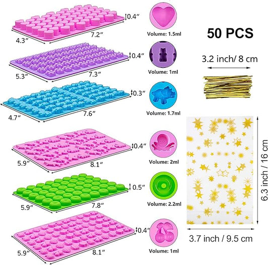 KRLIFCSL Gummy Molds 6 Pcs Set 299 Candies, 16 Shapes with 4 Droppers, 1 Clean Brush & 50 Package Bags, Including Dinosaur, Hearts, Sea Animals Nonstick Chocolate Molds (Mini Multicolor)