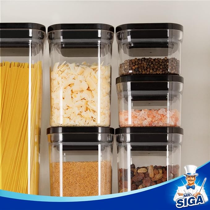 MR.SIGA 6 Piece Airtight Food Storage Container Set for Pantry Organization | BPA Free, stackable, one-handed kitchen storage containers for cereals, spaghetti, pasta, black