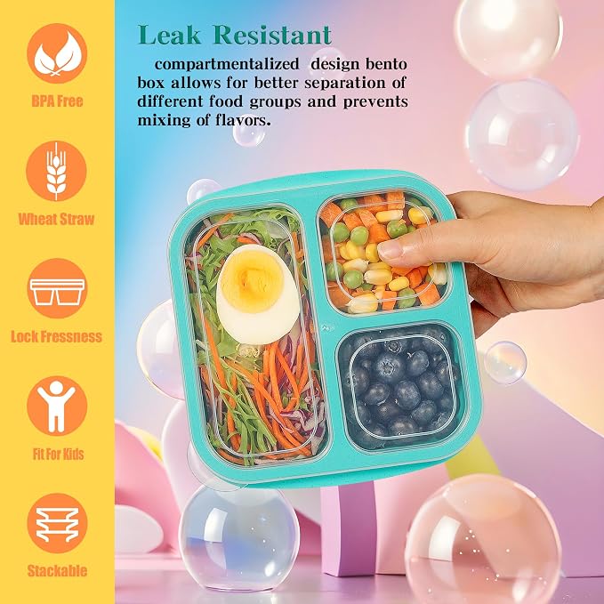 TOUWMX Bento Box For Kids, 4 Pack 3 Compartments Lunchable Meal Prep Containers Lunch Containers, Reusable Snack Containers with Lids, Snack Boxes for School, Work, and Travel