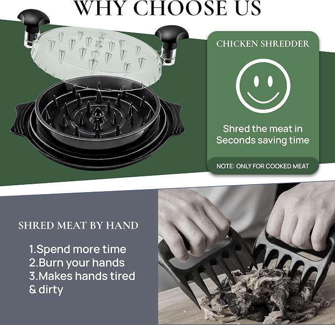 Large Chicken Shredder Tool Twist BPA Free Food Grade Material | Manual Meat Shredder Twist for Shredding, Chicken Breast Shredder Tool with Cleaning Brush, Ergonomic Handles, Non Slip Base